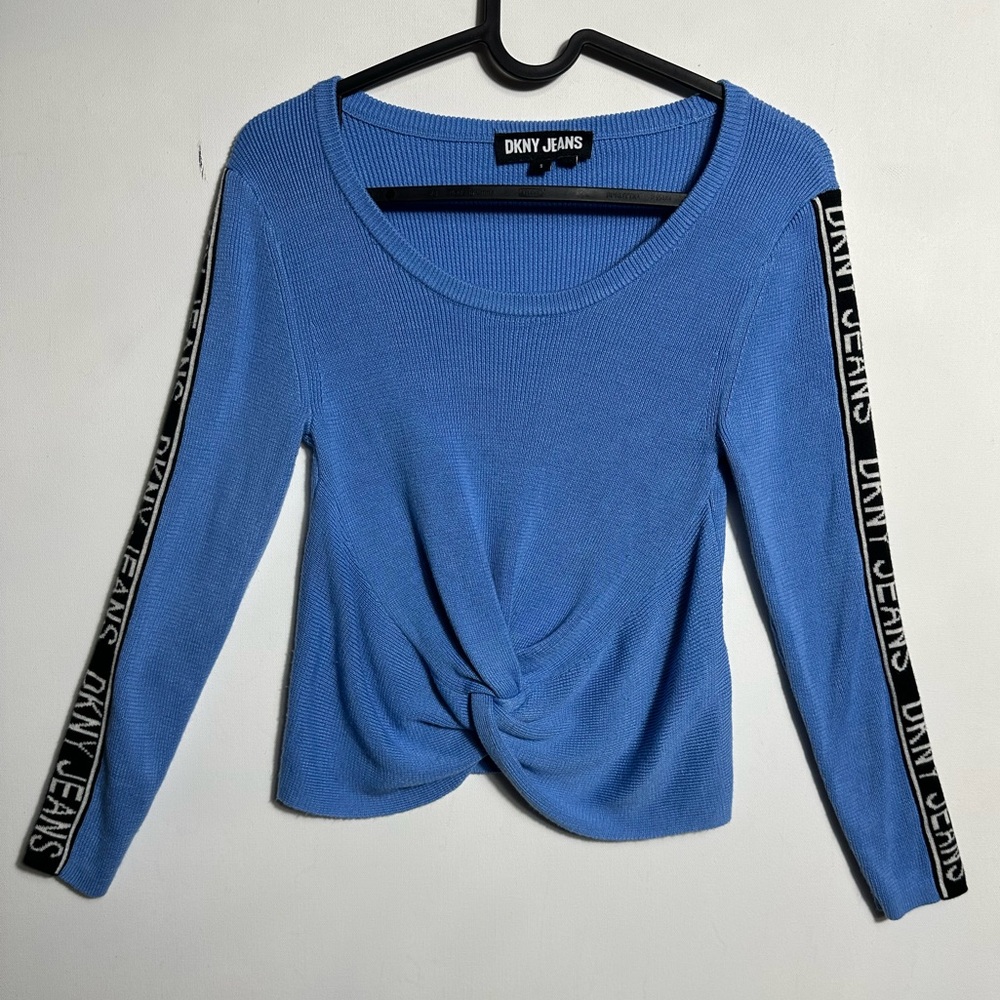 Y2K DKNY Blue Twist Front Blouse with Branded Sleeves